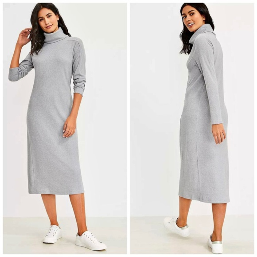 Lou & Grey Medium NWT Loft Soft brushed Rib Turtleneck MIDI Dress in Gray